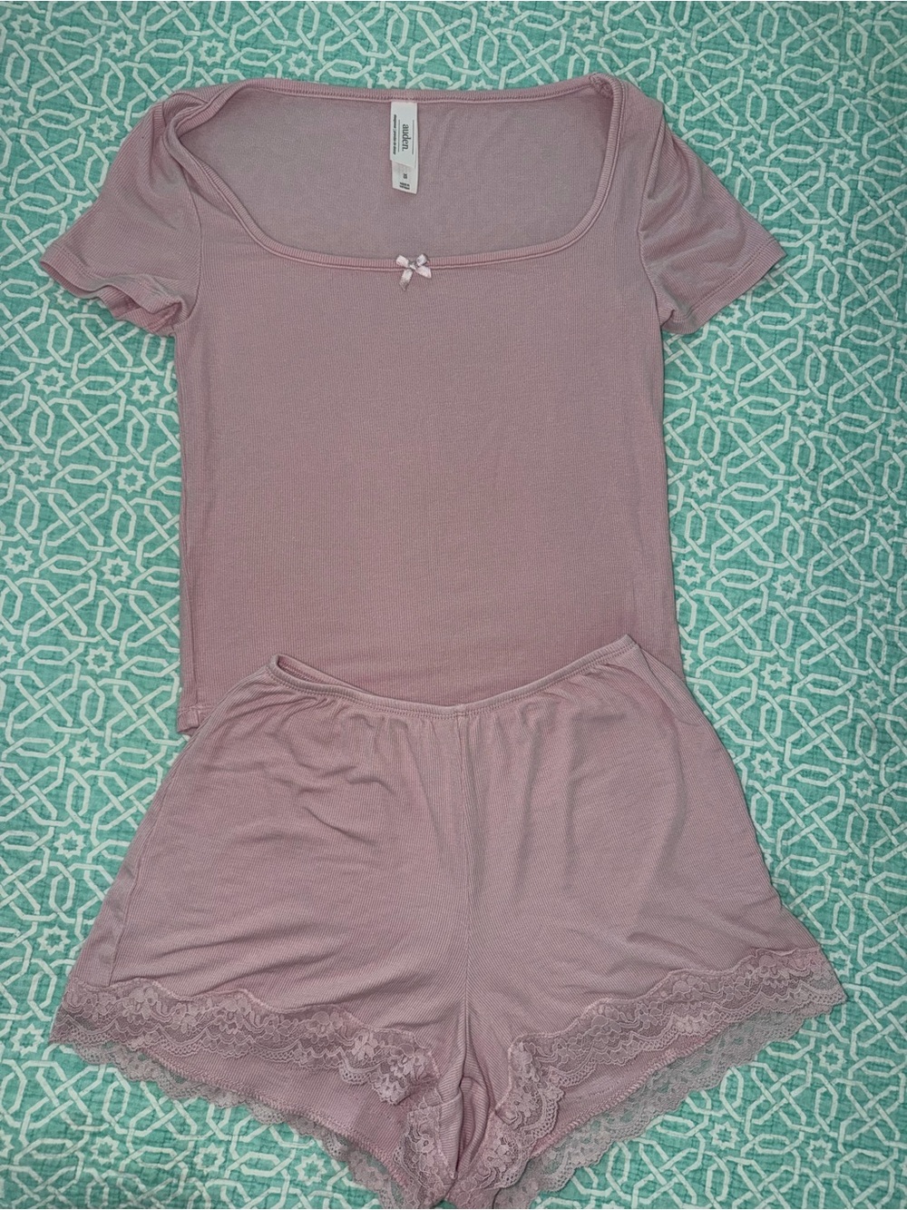 Auden Dusty Rose Short Sleeve Scoop Neck Pajama Set with Lace Trim - Picture 2 of 8
